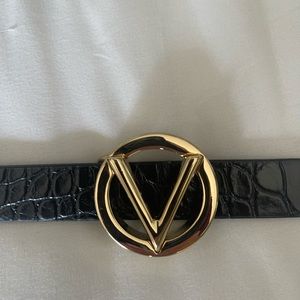Mario Valentino Croc Embossed Logo Leather Belt